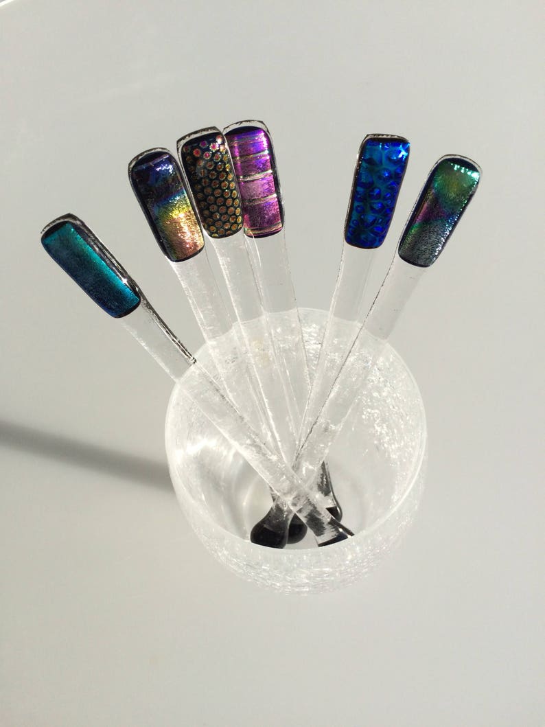 Set of six dichroic fused glass swizzle sticks image 5