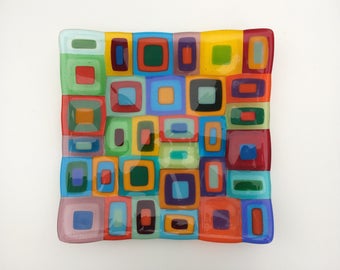 Large multi coloured retro fused glass dish, a colourful square glass bowl