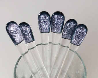 Silver dichroic fused glass swizzle sticks, set of six wedding stirrers perfect for parties or as a fathers day gift