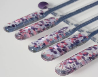 Set of six pink and purple fused glass swizzle sticks