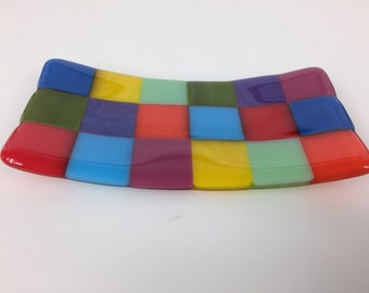 Colourful soap dish, multi coloured glass soap dish, glass trinket dish