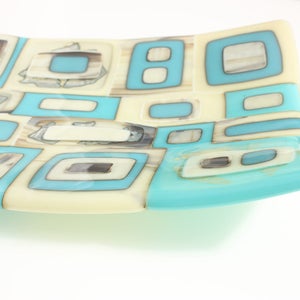 Turquoise fused glass bowl with vanilla and silver accents, a large handmade rectangular glass dish in turquoise, vanilla and silver image 5