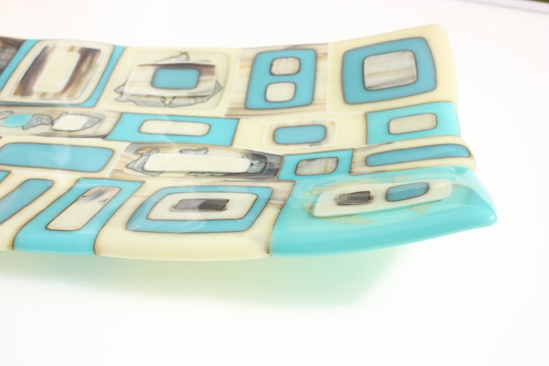 Turquoise fused glass bowl with vanilla and silver accents, a large handmade rectangular glass dish in turquoise, vanilla and silver image 5