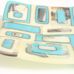 Turquoise fused glass bowl with vanilla and silver accents, a large handmade rectangular glass dish in turquoise, vanilla and silver image 2