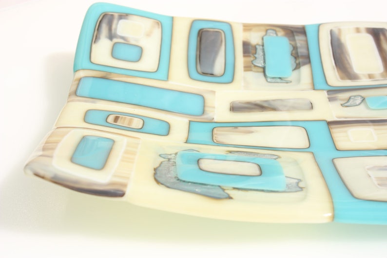 Turquoise fused glass bowl with vanilla and silver accents, a large handmade rectangular glass dish in turquoise, vanilla and silver image 2