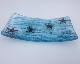 Blue seaside soap dish, glass soap dish with starfish design