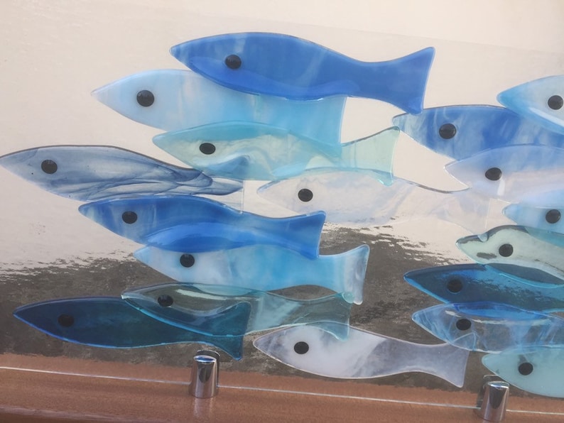 School of Blue Fish Fused Glass Fish Wall Art Mounted Shoal Etsy