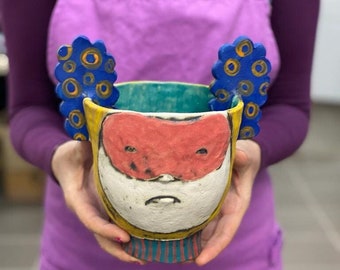 Funky ceramic bowl, ornamental bowl, colorful accents, art therapy, colorful deco, whimsy ceramics, unique colorful deco, cute deco.