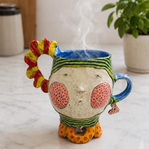 Taza ecléctica hecha a mano, taza de cerámica única, regalo para amantes de las tazas, regalo para coleccionistas de tazas, taza con brillo dorado, taza original con dos asas con diseño de amor.
