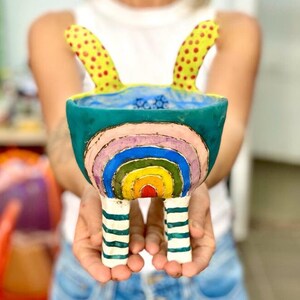 Colorful ornamental ceramic bowl, unique colorful ceramic bowl, decorative bowl, whimsical ceramic art, adorable ceramic bowl, cute accent. image 3