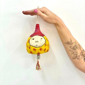 Yellow ceramic bell, flowery wall hanging, ceramic bells, wall art, wall deco, unique ceramic bell, funky ceramic art, whimsical wall art. image 4