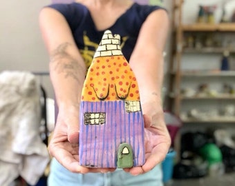 Colorful ceramic house, boob art, body positivity art, orange and purple ceramics, gift for new home, feminist art , menopause gifts.