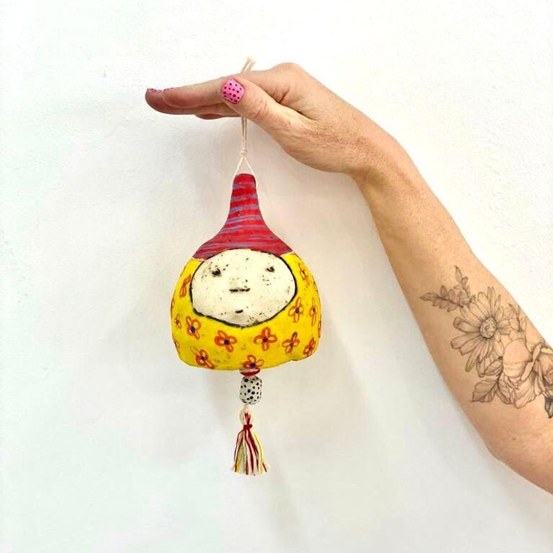 Yellow ceramic bell, flowery wall hanging, ceramic bells, wall art, wall deco, unique ceramic bell, funky ceramic art, whimsical wall art. image 2