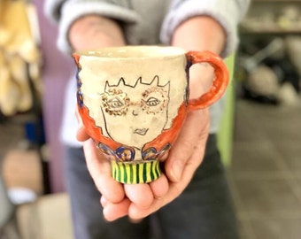 Orange handmade ceramic mug, gold painted ceramic mug, ceramic teacup , gold luster ceramic cup, hand built mug, cute ceramic mug.
