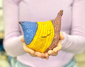 Colorful decorative bird,yellow decorative bird, bird lovers gift, new home gift, gift for grandparents, red bird, turquoise bird, clay bird