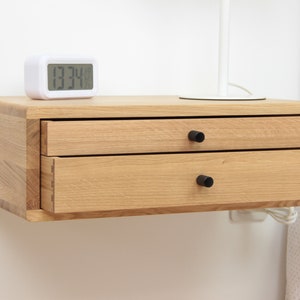 Floating Side Table with Drawers,Solid Oak Nightstand Night Table, Bedside, Mid Century Console Modern Handmade Cabinet,Hanging Wall Mounted