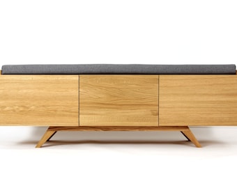 OTTO 130 - Entryway Bench with Doors, Mid-Century Modern Shoe Storage, Solid Oak