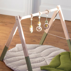 Baby gym made of natural wood, activity center, Well made, sturdy frame, green color, hangers for babygym image 1