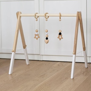 Wooden baby gym with three hangers hanging toys Activity gym Baby toy Nursery Baby gift Newborn gift Natural Wooden image 2