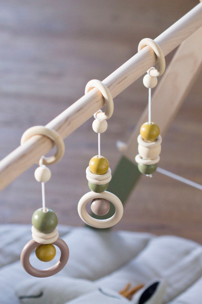 Baby gym made of natural wood, activity center, Well made, sturdy frame, green color, hangers for babygym image 2
