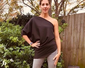 Handmade, one shoulder top. One sleeve, loose, comfy, party, cocktail top.