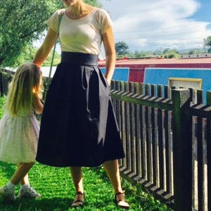 Black midi skirt, pockets, pleats, satin, cotton drill, high waistband, handmade, elegant, tall and plus size image 2