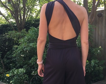 holiday maxi dress, jumpsuit, Infinity strap, backless, strapless, one shoulder, jersey