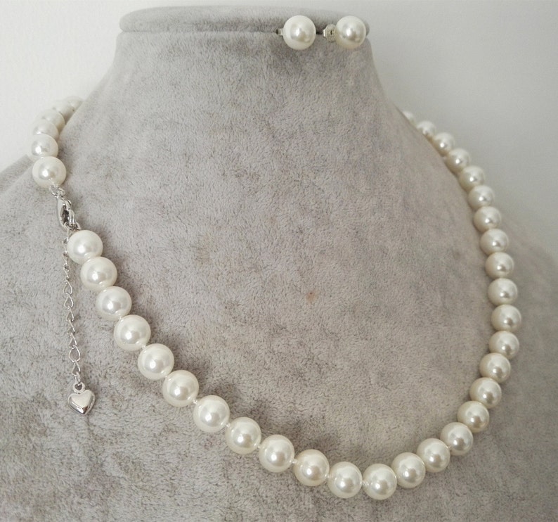 Shell pearl necklace earring set 1.5 inch extend chain stud earring set 8mm white sea shell pearl necklace 15-25 inch