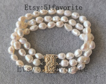 Pearl bracelet- 100% genuine cultured 3 row 7-8 mm white rice baroque fresh water pearl Bridesmaid bride real fresh water pearl bracelet