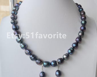 Schwarz Süßwasser Perlen Halskette und Ohrringe Set: 11-13.5 mm Reis Perlenschmuck