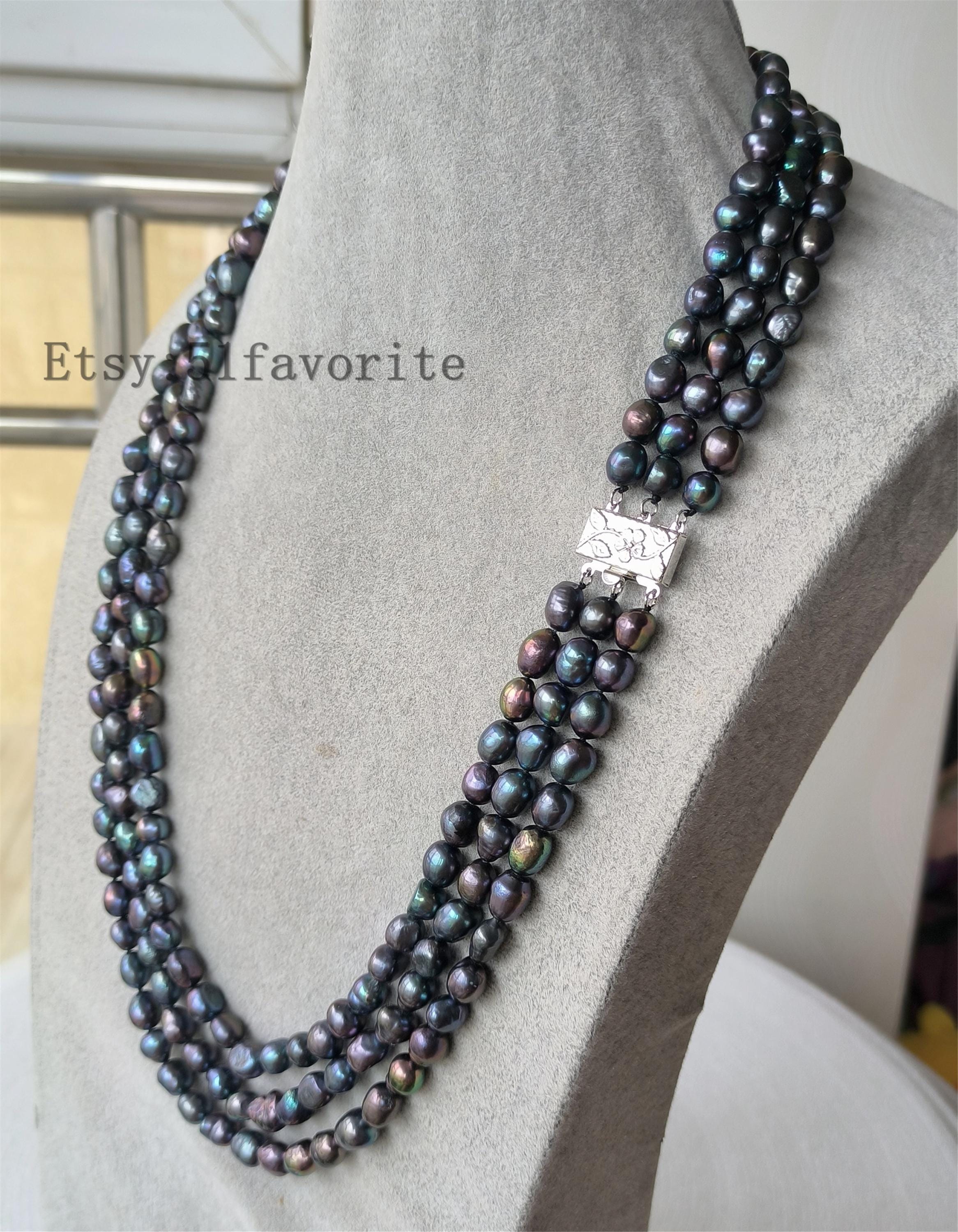 【BLACKPURPLE】Rice Grass Pearl Chain Necklace Cultured 3 Row Cultured 8-9mm Black Rice Baroque Fresh Water