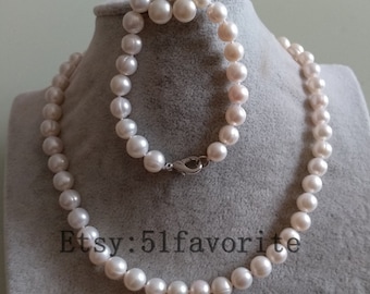 Pearl necklace bracelet earrings set- cultured 9-10 white fresh water pearl necklace bracelet earrings set 925 silver clasp fittings