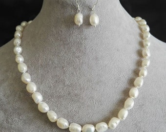 Pearl necklace earring- cultured 8-9mm, 10-11mm white Baroque fresh water pearl necklace & dangle earring set
