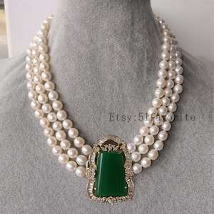 pearl necklace - 3 row cultured white fresh water pearl & 18KGP Malay green jade wedding jewelry necklace pendant, Bride bridesmaid necklace