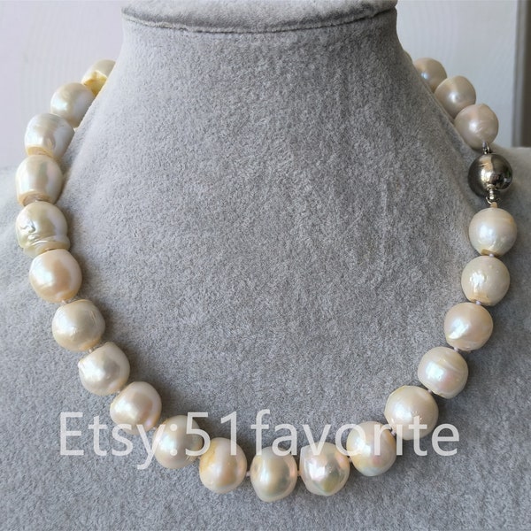 Real pearl necklace, 100% real cultured huge 11-15mm white baroque Ediosn fresh water pearl necklace, with big natural blemish & growth ring