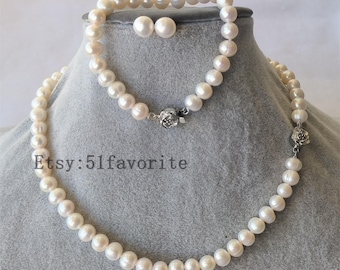 Pearl set - genuine 7.0-7.5mm white fresh water pearl necklace / bracelet earrings set, pearl set, Freshwater Pearl set,girl jewelry set