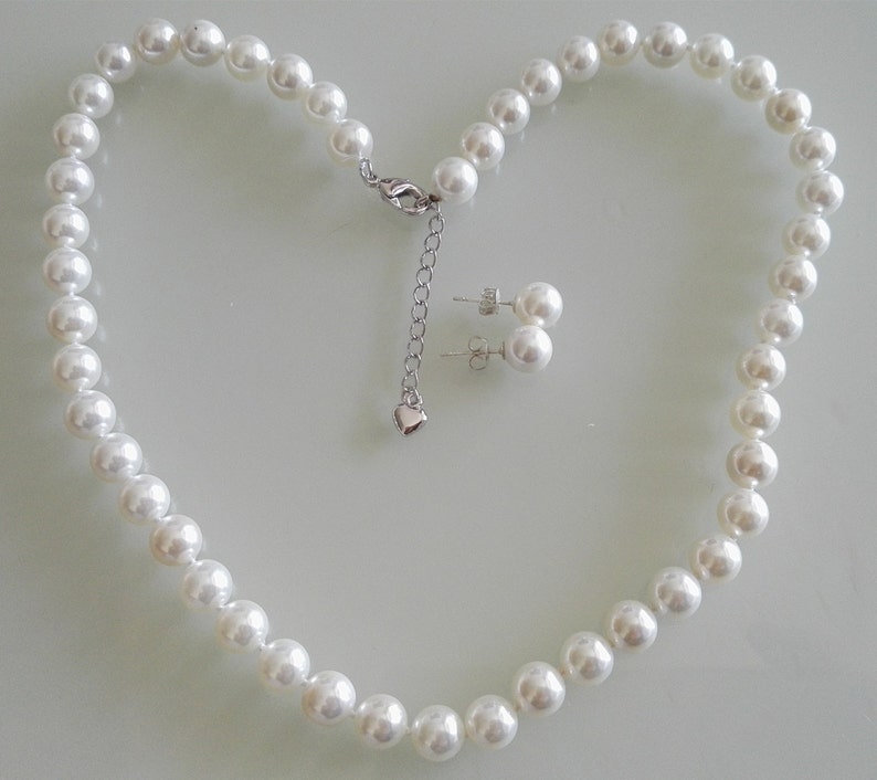 Shell pearl necklace earring set 1.5 inch extend chain stud earring set 8mm white sea shell pearl necklace 15-25 inch