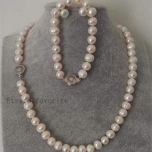 Wedding pearl necklace bracelet earrings set - genuine cultured 9-9.5mm fresh water pearl wedding necklace bracelet earrings set