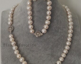 Wedding pearl necklace bracelet earrings set - genuine cultured 9-9.5mm fresh water pearl wedding necklace bracelet earrings set