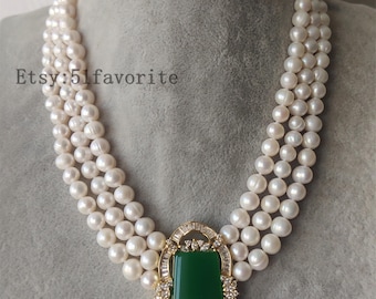 pearl necklace - 3 row cultured white fresh water pearl & 18KGP Malay green jade wedding jewelry necklace pendant, Bride bridesmaid necklace