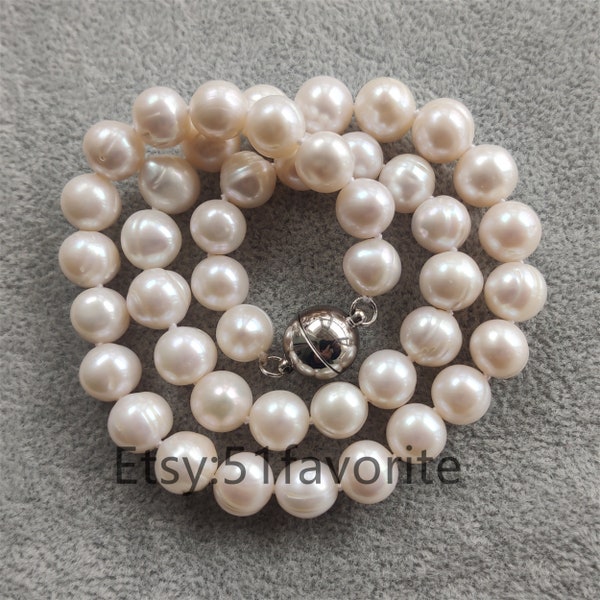 Collar de perlas - cierre magnético de collar de boda de perlas de agua dulce de 9-9,5 mm de color blanco cultivado bastante genuino