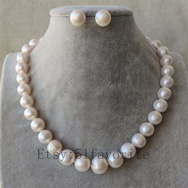Ensemble de vraies perles de culture AA + 11-13 mm blanches collier de perles d'eau douce 44 cm ensemble de boucles d'oreilles, mariée demoiselle d'honneur cadeau de mariage ensemble de bijoux