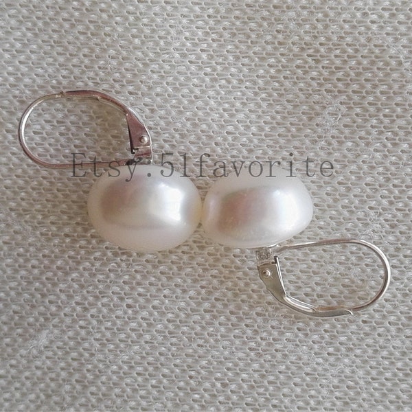 Boucles d'oreilles en véritable perle d'eau douce blanche de 11-12 mm, rondes et plates en argent 925, boucles d'oreilles en perles de demoiselle d'honneur pour la mariée