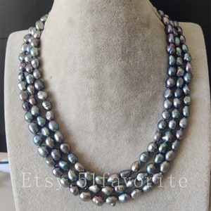 Real pearl necklace, cultured 8-9mm black rice baroque fresh water pearl 3 row necklace, bride Bridesmaid wedding gift real pearl necklace