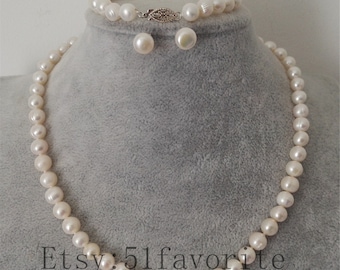 Pearl set-genuine 7-7.5mm white fresh water pearl necklace / bracelet earrings set Freshwater Pearl set,girl jewelry