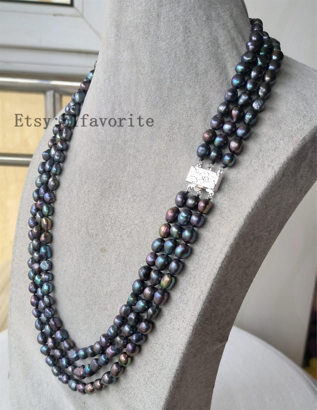 3 Row Black Rice Pearl Necklace: Baroque Cultured Pearl Wedding Jewelry ...