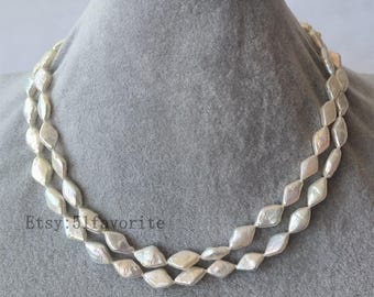 White Baroque Pearl Necklace Earring Set – Rhombic Freshwater Pearl, Bridal Jewelry