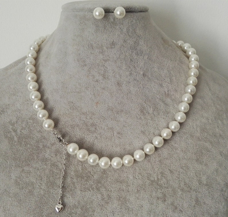 Shell pearl necklace earring set 1.5 inch extend chain stud earring set 8mm white sea shell pearl necklace 15-25 inch