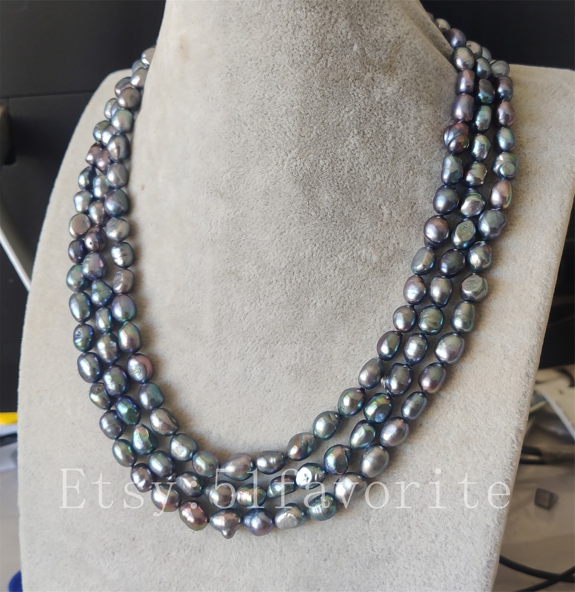 Black Baroque Pearl Necklace: 3-row Cultured Rice Pearl, 8-9mm - Etsy