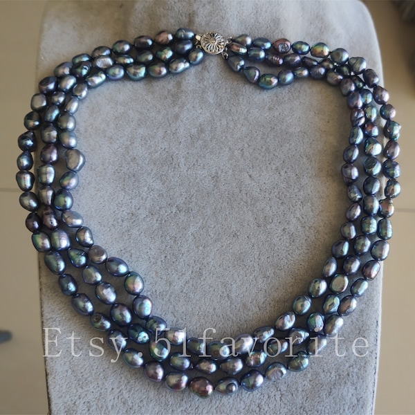 Collier de vraies perles, collier 3 rangs de perles d'eau douce baroques de riz noir de 8-9 mm, cadeau de mariage de demoiselle d'honneur de la mariée véritable collier de perles
